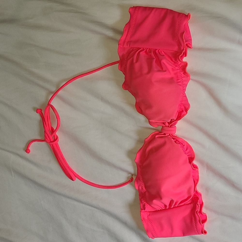 Victoria Secret Bright Pink Ruffle Bandeu Bikini Top Size S Light Padding